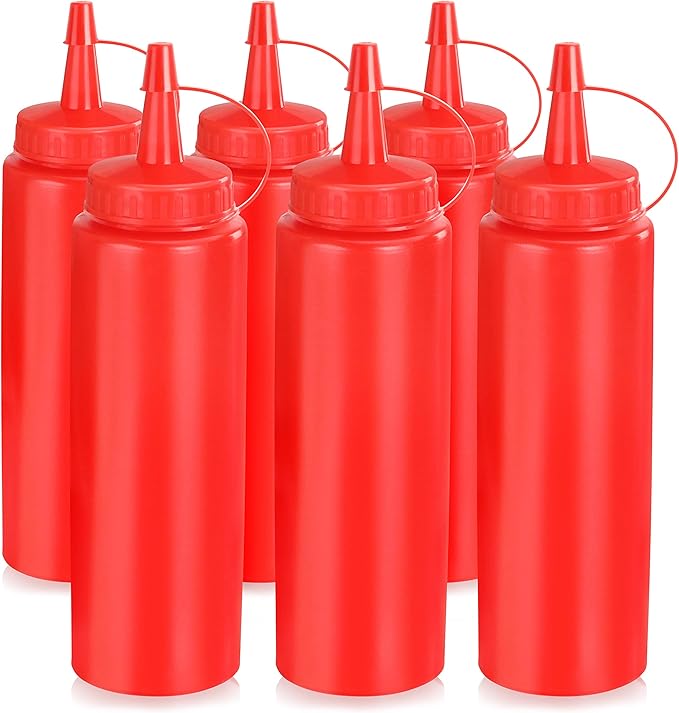New Star Foodservice 26283 Squeeze Bottles, Plastic, 8 oz, Red, Pack of 6