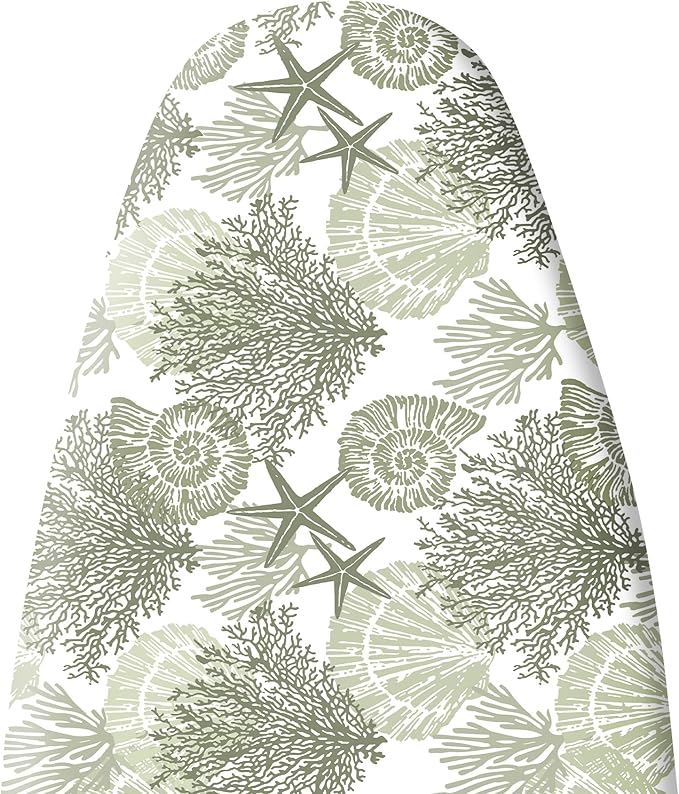 Extra Thick Ironing Board Cover and Pad, Coastal Summer Beach Coral Starfish 15x54 Ironing Board Cover, Resist Scorching and Staining,Elastic Edges,Seaside Conch Nautical Green White