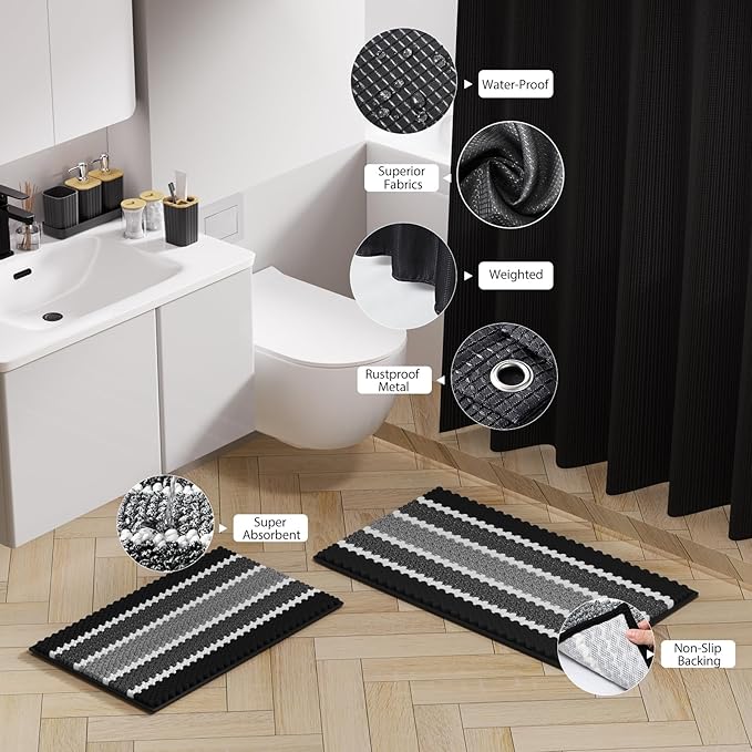 Bathroom Accessory Set - 25PC Bathroom Sets with Shower Curtain and Rugs, Black Bathroom Set, Bathroom Accessories Set, Shower Curtain Sets with Rugs, Bathroom Trash Can & Soap Dispenser