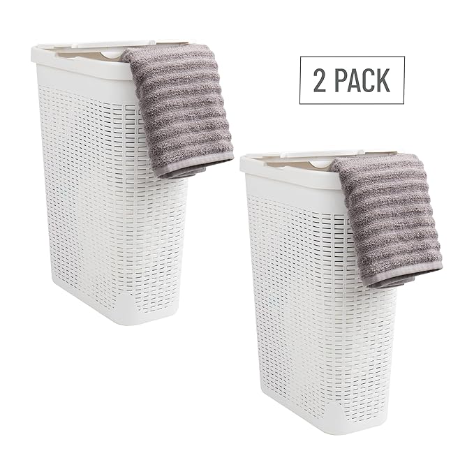 Mind Reader Slim Laundry Hamper with Lid, 40L Clothes Basket, Premium Wicker Design, Plastic, Set of 2, White