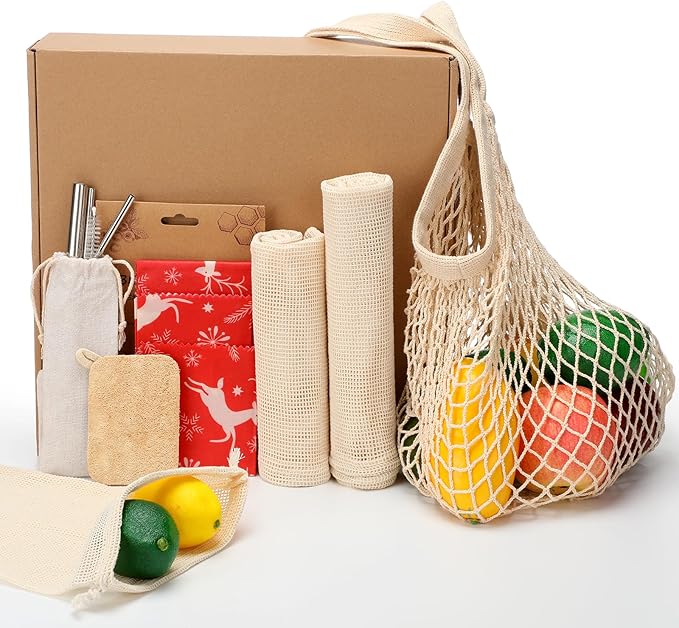 Remerry 13 Pcs Zero Waste Gift Set Beeswax Wraps, Reusable Farmers Market Bags, Mesh Bags, Straws Kit and Natural Loofah Dish Tool Christmas Kitchen Gifts