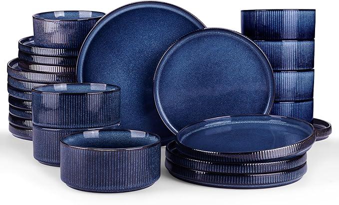 famiware Star Plates and Bowls Sets, Modern Stoneware Dinnerware Sets for 8, 24-Piece Kitchen Dish Set - Microwave and Dishwasher Safe, Chip and Scratch Resistant, Nebulas Blue