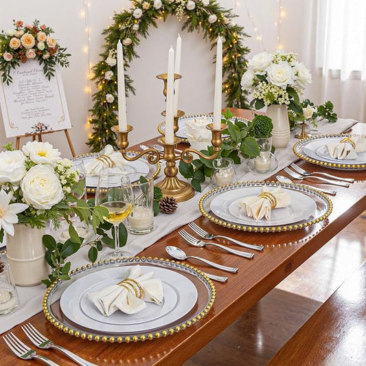 WDF 200pcs White Plastic Plates Disposable - Heavy Duty Plastic Plates for Party - Include 100 x 10 Dinner Plate and 100 x 7 Dessert/Cake Plate - Ideal for Weddings/Parties/Events