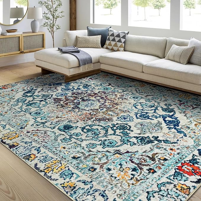 Easy-Going Area Rug 6x9 Washable Boho Rugs for Living Room Non-Slip Bedroom Rug Low Pile Lightweight Medallion Distressed Throw Rug for Dining Room Kitchen Home Office Carpet, Vintage Multi