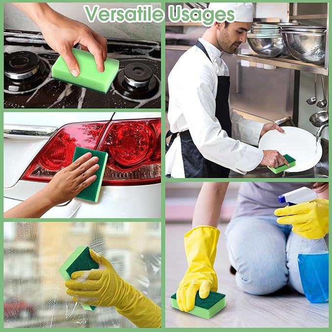 Tioncy 100 Pcs Individually Wrapped Sponges Kitchen Green Bulk Dish Non Scratch Scrub Sponges Dual Sided Cleaning Dish Scrubber for Washing Dishes, Pots, Pans, Sinks, Stoves, Appliances, Car, Bike