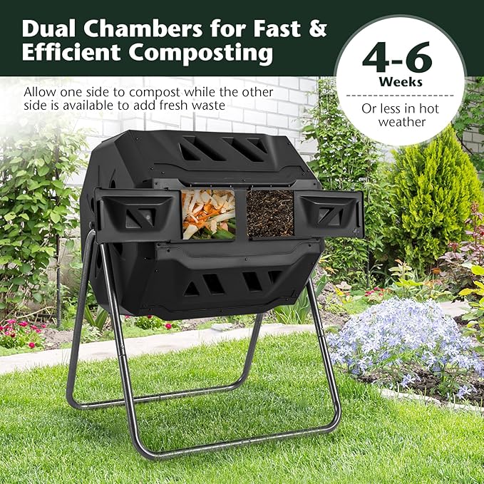 Goplus Compost Bin, Outdoor 42-Gal Dual Chamber Composting Tumbler w/2 Sliding Doors, Heavy-Duty Metal Frame, 360° Rotatable Tumbling Composter, BPA-Free Compost Tumbler for Kitchen Garden Yard Waste