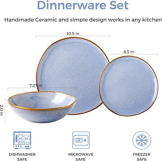 AmorArc Ceramic Dinnerware Sets,Handmade Reactive Glaze Stoneware Plates and Bowls Set,Highly Chip and Crack Resistant | Dishwasher & Microwave Safe Dishes Set,Service for 8 (24pc)-Reactive Blue