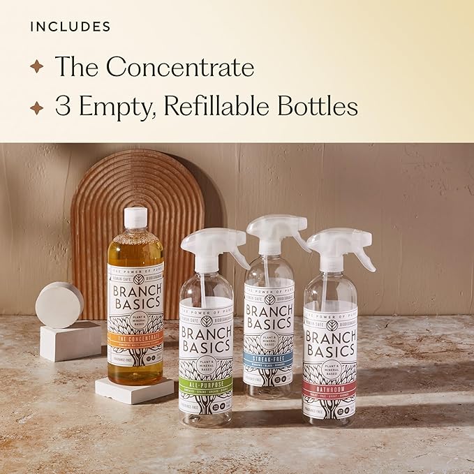 Branch Basics Cleaning Essentials Kit: All Purpose, Glass and Bathroom Cleaner - Concentrate (33.8 Oz) (17 Refills) + Refillable Plastic Spray Bottles (24 Oz) Plant Based, Human-Safe, & Fragrance Free
