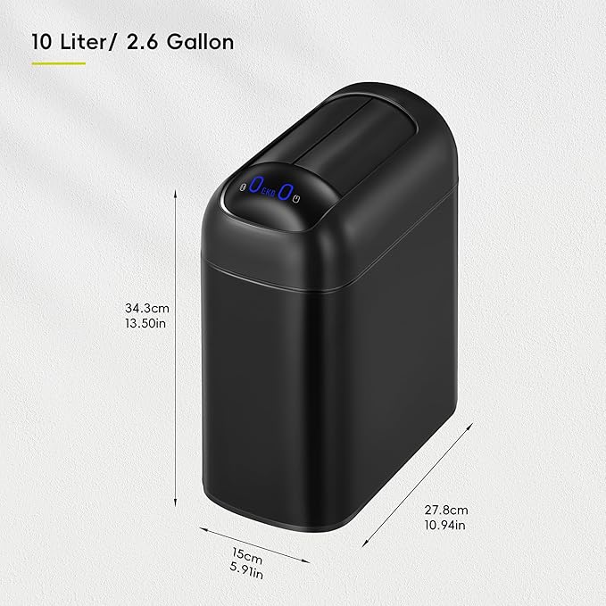 EKO Astro Slim Sensor Trash Can, 10L / 2.6 Gallon Touchless Garbage Bin with Soft-Close Butterfly Lid, Motion Sensor Stainless Steel Trash Can for Bathroom, Kitchen and Office, Matte Black, Waterproof