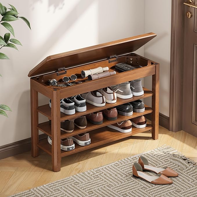Shoe Rack Bench Seat Rubberwood 3-Tier Wooden Storage Bench 550lbs Compact Mid-Century Modern Design for Entryway, Hallway, Closet, Front Door Entrance, Foyer