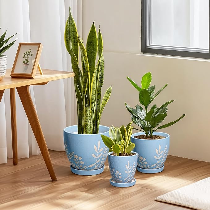 6 Inch Ceramic Plant Pot with Saucer - Small Flower Pot with Drainage for Succulents & Herbs, Boho Desk Home Office Room Decor, Plant Lovers Gifts, Blue