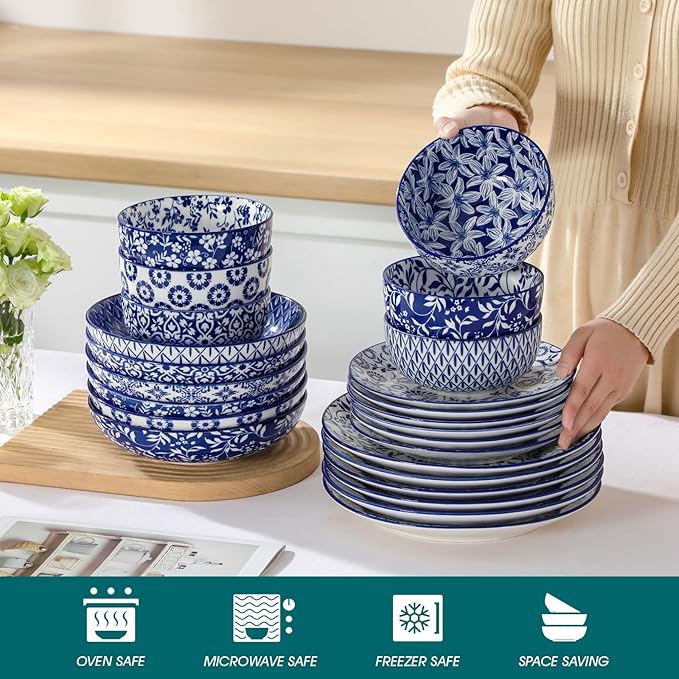 vancasso SELENE Plates and Bowls Set for 6, 24 Pieces Dinnerware Sets, Mircowave and Dishwasher Safe Dishes Set, Porcelain Blue Dinnerware