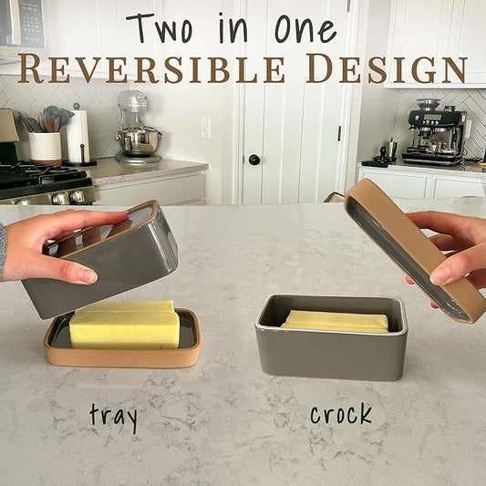 Mora Ceramic Two-in-One Butter Dish with Lid, Covered Butter Crock Container to Leave on Countertop - Large Storage Keeper/Holder for Kitchen, Gifts for Her, Butter Tray For Counter - Sesame Milk