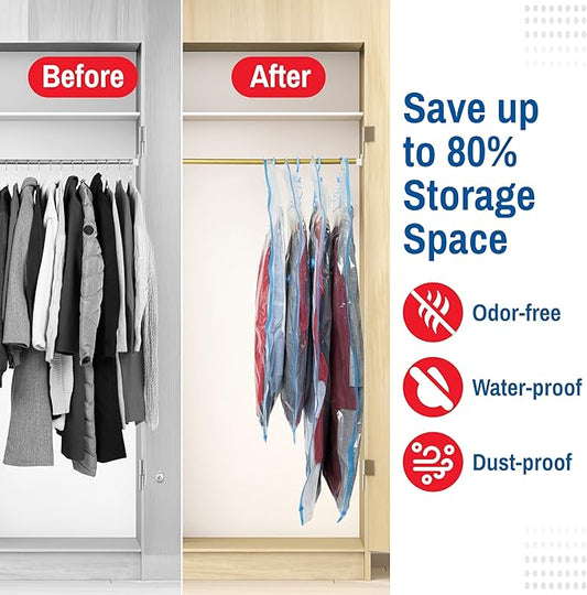 4 Pack Hanging Vacuum Storage Bags for Jackets, Clothes, Suits and Dresses β Vacuum Sealed Compression Bags with Hand Pump β Space Saver Storage Bags for Moving, Travel & Organization (2S & 2L)