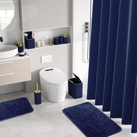 Bathroom Accessory Set - Bathroom Set, 27PC Bathroom Accessories Set, Navy Blue Bathroom Sets with Shower Curtain and Rugs, Mini Trash Can, Toilet Brush, Trash Can & Soap Dispenser