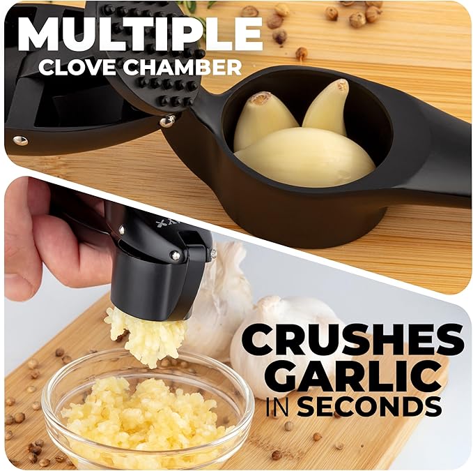 Zulay Kitchen Premium Garlic Press Set – Rust Proof & Dishwasher Safe Garlic Mincer Tool with Silicone Garlic Peeler & Brush, Easy Squeeze & Clean, Ergonomic Soft Grip Handle - Medium – Black