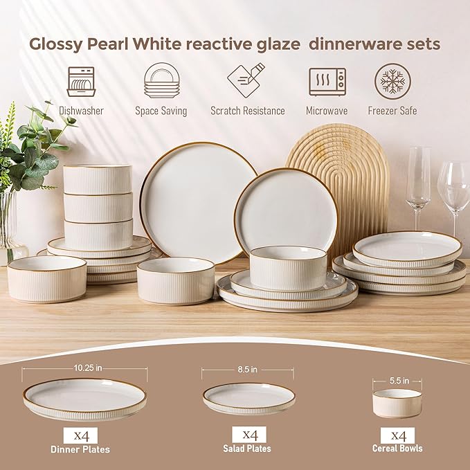 GBHOME Stoneware Dinnerware Sets for 4,Round Reactive Glaze Ceramic Plates and Bowls Set,Highly Scratch Resistant | Dishwasher & Microwave Safe Dishes Set,Service for 4(12Pcs),Pearl White