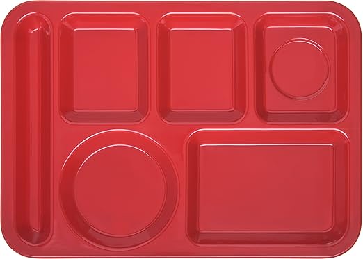 Carlisle FoodService Products Plastic Meal Tray Left-Handed Heavyweight Lunch Tray with 6-Compartments for Schools, Cafeterias, and Dining Halls, Melamine, 14 x 10 Inches, Red, (Pack of 12)