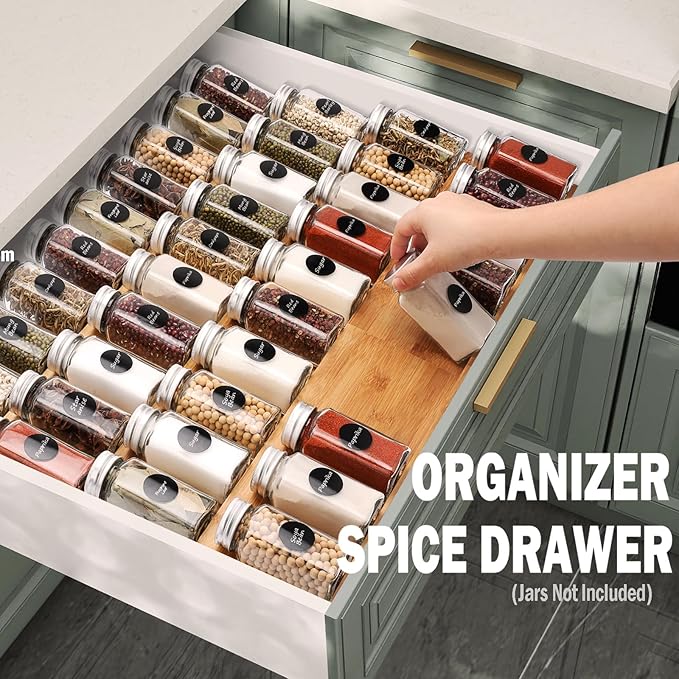 Bamboo Spice Drawer Organizer, 4 Tier In Drawer Spices Rack for Cabinet Drawer Expandable From 13" to 26", Stackable Seasoning Storage Organizer Insert