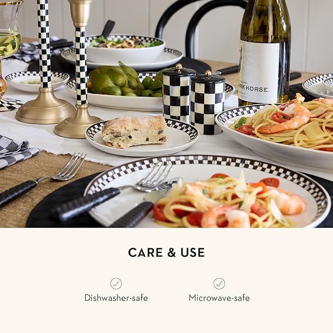 MACKENZIE-CHILDS Set of 4 Everyday Small Plates, Microwave-Safe and Dishwasher-Safe Stoneware Salad Plates, Black-and-White Courtly Check
