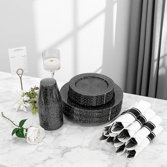 DaYammi 210PCS Black Glitter Plastic Dinnerware Set for 30 Guests, Fancy Disposable Plates for Party, Include: 30 Dinner Plates, 30 Dessert Plates, 30 Pre Rolled Napkins and 30 Cups