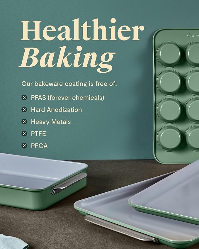 Caraway Nonstick Ceramic Bakeware Set (5 Pieces) - Baking Sheets, Assorted Baking Pans & Storage - Aluminized Steel Body - Non Toxic, PTFE & PFOA Free - Cream