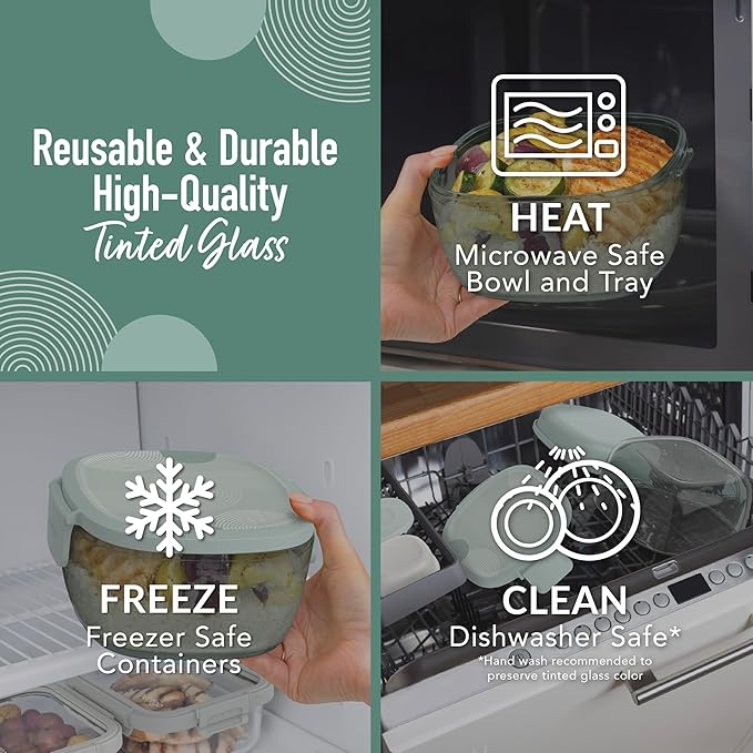 Bentgo Glass Prints All-in-One Salad Container - 61oz Tinted Glass Salad Bowl with Lid, Bento-Style Tray, Sauce Container, & Reusable Fork - Dishwasher & Microwave Safe (Mod Curve - Serene Green)
