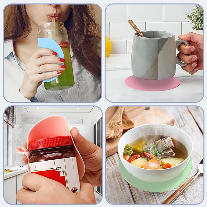 4PCS Rubber Jar Opener, Multifunctional Jar Gripper Pads, Heat Insulation Pad Kitchen Coasters for Elderly Senior Suffering from Weak Hands Arthritis,4 Colors