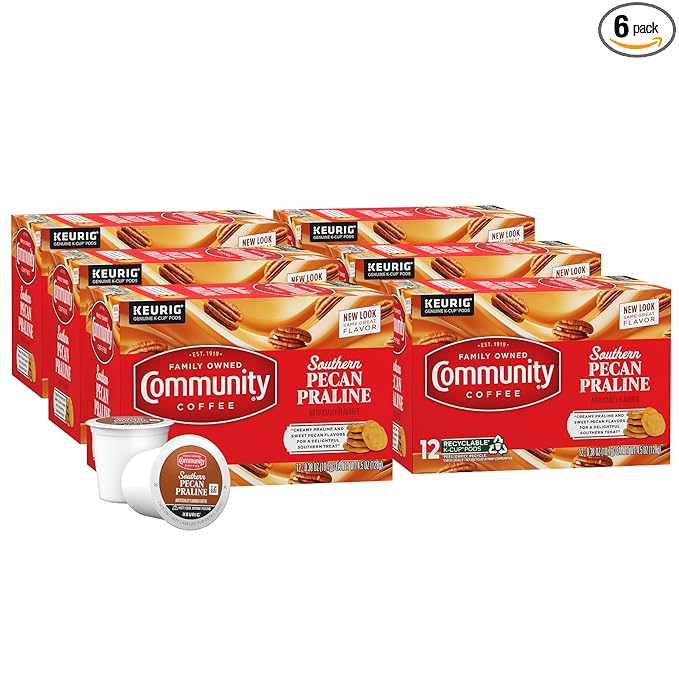 Community Coffee Southern Pecan Praline Flavored 72 Count Keurig K-Cup Coffee Pods, Medium Roast, 12 Count (Pack of 6)