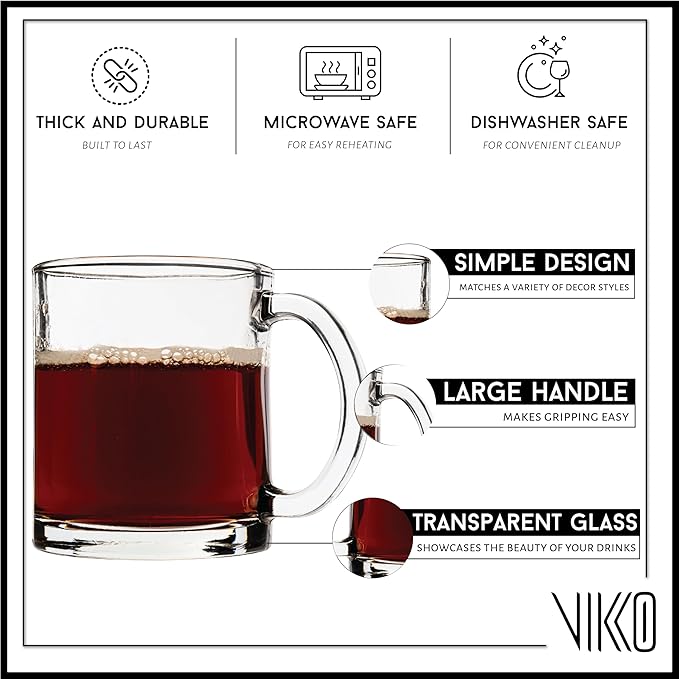Vikko Glass Coffee Mugs, 10.75 Ounce Clear, Set of 4, Microwave & Dishwasher Safe