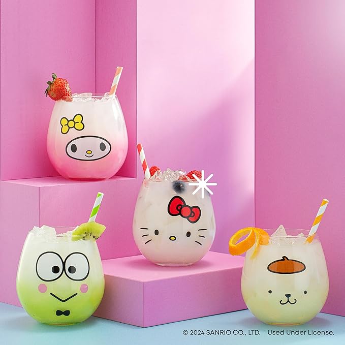 JoyJolt Sanrio Hello Kitty & Friends Hello Sippy Drinking Glasses, 15 oz Stemless Glass Cups Set of 4 ft Hello Kitty Keroppi My Melody Pompompurin, Cute Glasses for Water, Juice, Kawaii Tumbler