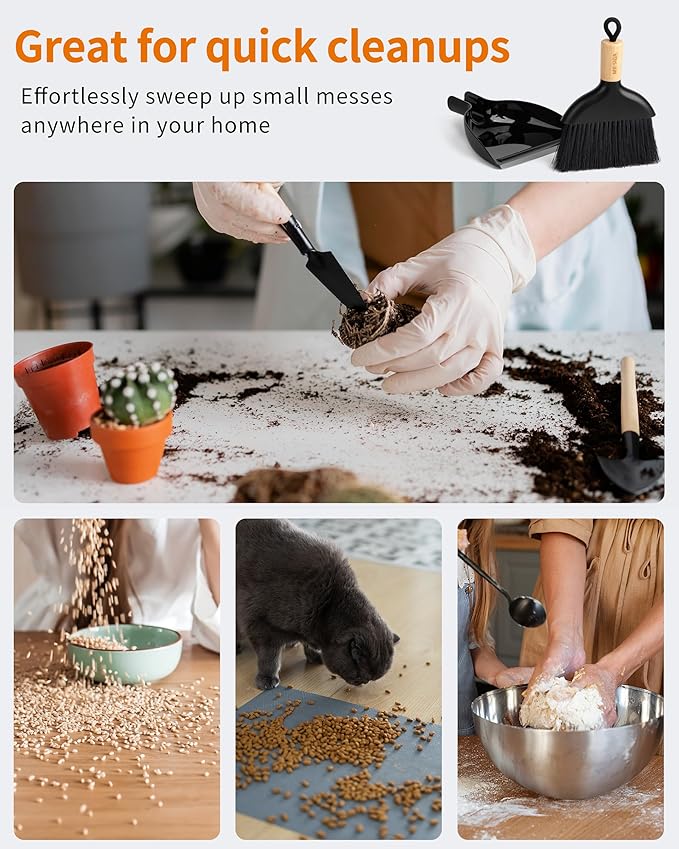 MR.SIGA Mini Dustpan and Brush Set, Portable Cleaning Brush and Dustpan Combo with Bamboo Handle, Black, 1 Set
