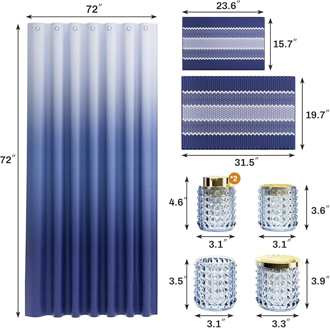 Bathroom Sets with Shower Curtain and Rugs and Accessories, Glass Bathroom Accessories Set Blue Bathroom Set Bathroom Sets, Blue Bath Mat and Diamond Soap Dispenser for Bathroom Decor