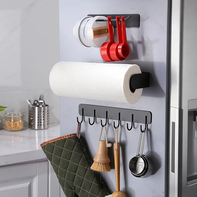 Kitchen Storage Set Without Drilling - Ultra-Strong Magnetic Kitchen Storage Hooks & Magnetic Paper Towel Holder & Magnet Tumbler Lid Organizer, Kitchen Utensil Hanger