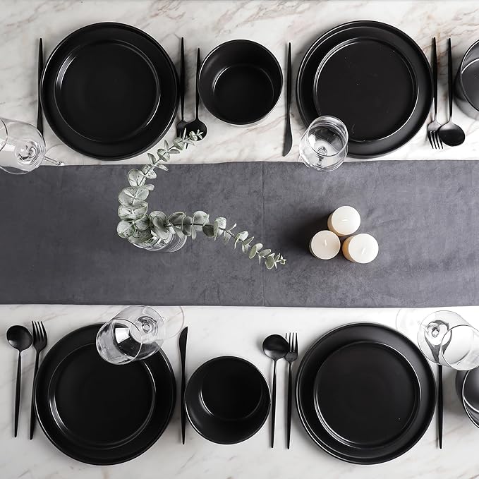 Stone Lain Celina Stoneware 16 Piece Dinnerware Set, Plates and Bowls, Black Matte Dish, Service for 4 – Minimalist Round Style, Microwave & Dishwasher Safe
