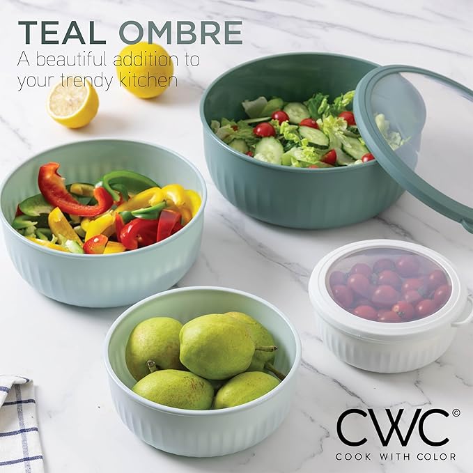 COOK WITH COLOR Prep Bowls with Lids- Wide and Deep Nesting Plastic Small Mixing Bowl Set with Lids, 12 Piece Set - Wide Bowls, Teal