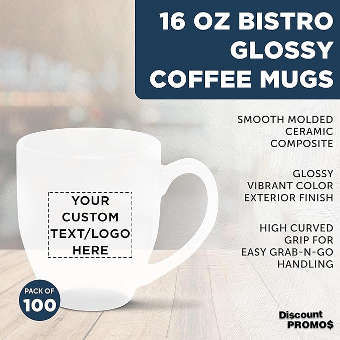 Custom Large Coffee Cups 16 oz. Set of 100, Personalized Bulk Pack - Perfect for Tea, Espresso, Cappuccino, Hot Cocoa - White