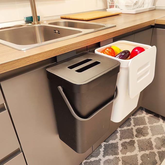 stonespace Under Sink Trash Can,Kitchen Compost Bin, Diaper Pail, 3.2 Gallon/12L Hanging Garbage Can for Baby Crib/Bathroom/Cupboard, Plastic Food Waste Bin,1 Pack Black