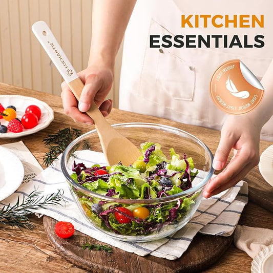 Bamboo Kitchen Utensils wooden spoons for cooking - 6 pcs White Spatulas and spoons