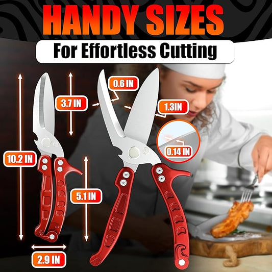 4-in-1 Kitchen Shears Heavy Duty – Sharp Seafood, Turkey Shears & Chicken Scissors with Non-Slip Metal Handle & Micro-Serrated Blades for Meat – Spring-Loaded Bone Cutting Scissors with Safety Lock