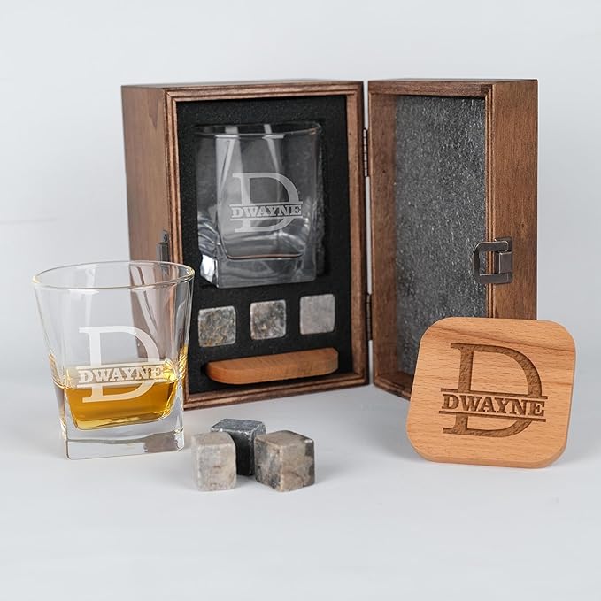 Personalized Whiskey Glasses Set with Custom Whiskey Glasses - Personalized Gifts for Men, Gifts With Engraved Wooden Box and Whiskey Stones