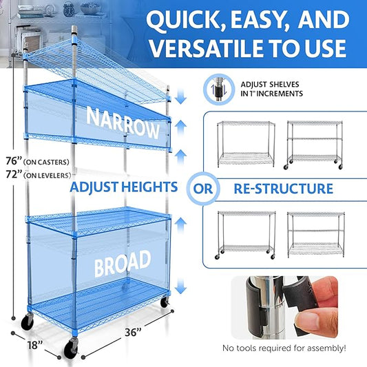 4000 LBS Heavy Duty Metal Shelving Unit – 36x18x76 NSF 5-Tier Wire Rack with Wheels, Adjustable Garage Storage Shelves, Chrome Wire Shelving for Kitchen, Warehouse, Bakers Rack – Crescent