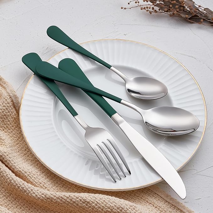 20-Piece Green Silverware Set 18/0 Stainless Steel Flatware Green Handle Cutlery Set Service for 4 Dinner Knives Forks Spoons Set Mirror Finish Dishwasher Safe