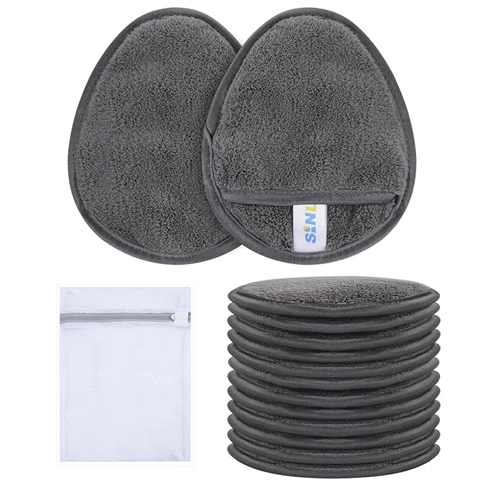 SINLAND Reusable Makeup Remover Pads For Face,Eye,Lips Microfiber Gentle Facial Cleansing Cloths for All Skin Types Friendly for Makeup Remover With Laundry Bag 5.1inchx3.93inch Grey Pack of 12
