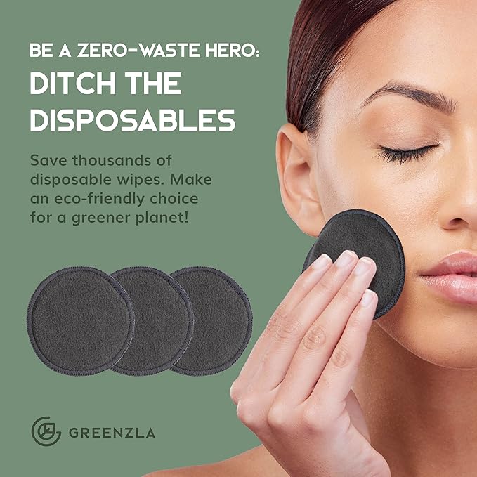 Greenzla Reusable Makeup Remover Pads - 20 Pack Organic Dark Charcoal Bamboo Cotton Pads with Mesh Laundry Bag, Cotton Travel Pouch, & Cotton Rounds Holder, Sustainable Face Wipes for All Skin Types