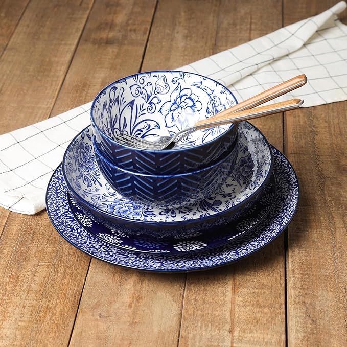 Selamica Dinnerware Sets 16 Piece, Ceramic Plates and Bowls Set, Embossed Dishes Set for 4, Housewarming, Dark Blue