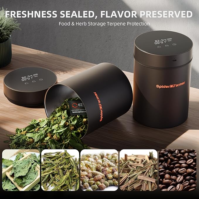 Spider Farmer New Auto-Cure Smart Jar, 2L Portable Vacuum Seal Container with 4 x 62% Humidity Packs, Curing Jar Airtight Storage for Herbs, Mushrooms, Coffee, Spices, Flowers