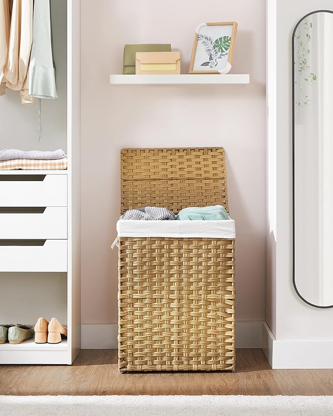 SONGMICS Laundry Hamper with Lid, 90L Clothes Hamper with 2 Removable Liner Bags, 6 Mesh Bags, Wicker Laundry Basket, Double Laundry Hamper for Bathroom, 13 x 18.1 x 23.6 Inches, Natural ULCB251N01V1
