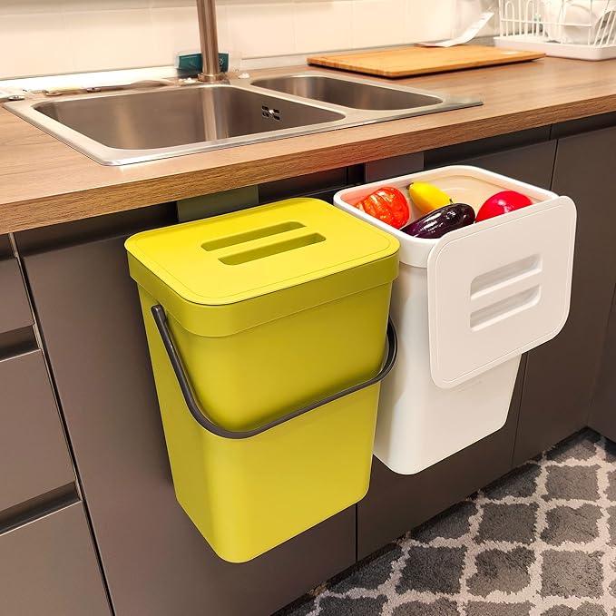 stonespace Small Trash Can with Lid,Mountable Indoor Compost Bucket, Hanging Trash Can with Lid for Cupboard/Bathroom/Bedroom/Office/Camping, 3.2 Gallon/12L Green