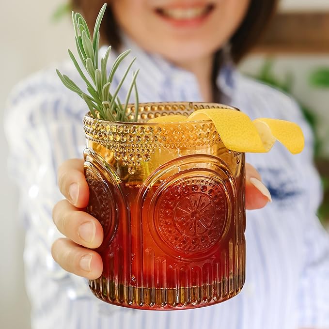 Kate Aspen Vintage Amber Drinking Glasses Set of 6 10 oz Ribbed Glassware for Drinking Water, Juice, Cocktail Glasses - Ribbed Glass Cups Set, Iced Coffee Cup, Kitchen Drinkware or Home Bar